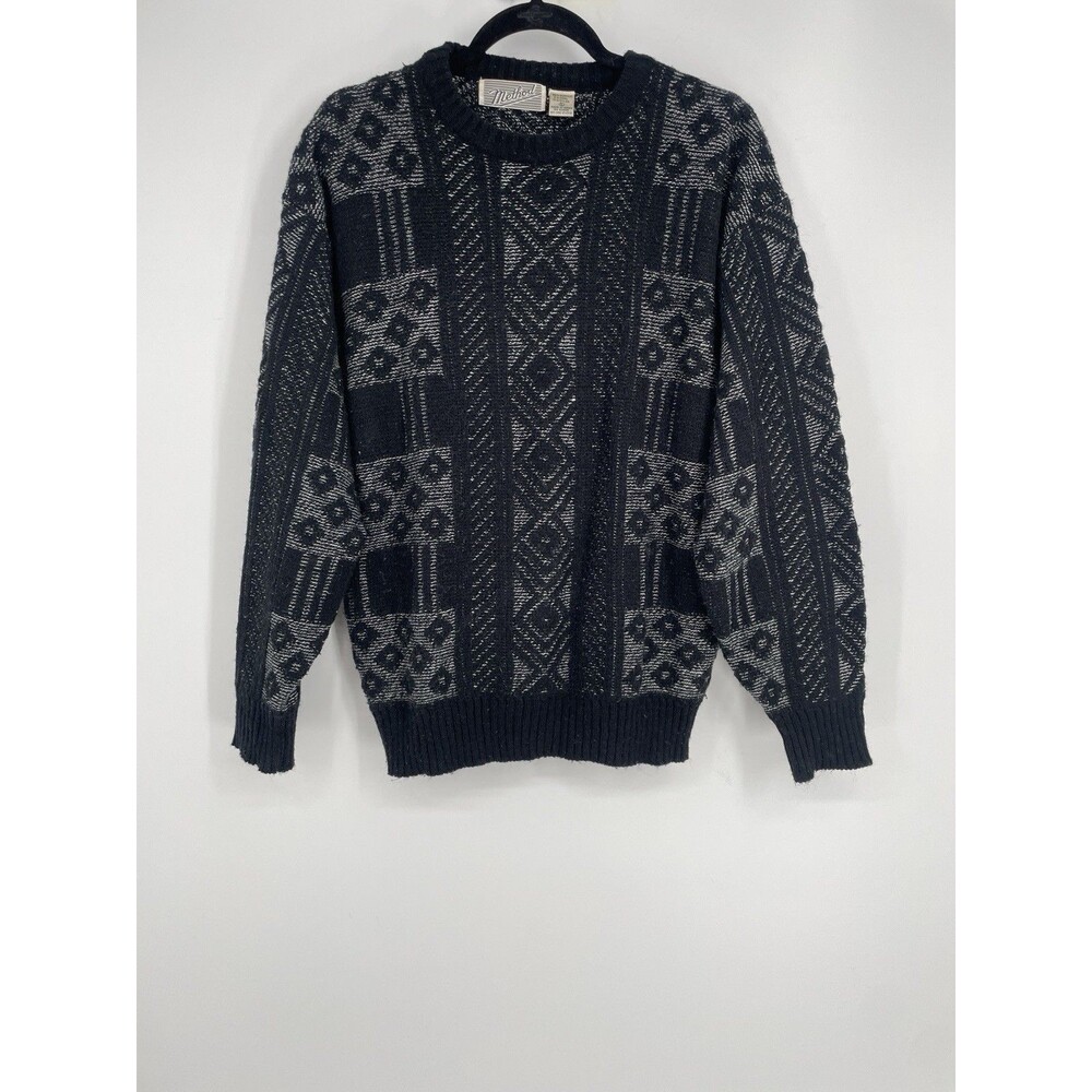 Method Geometric Knit Sweater Mens Large Black Gray Crewneck Vintage 90s